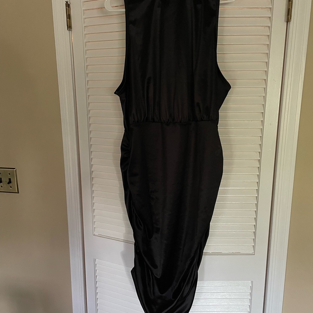 Black Satin Midi Rouche Dress with High Neck